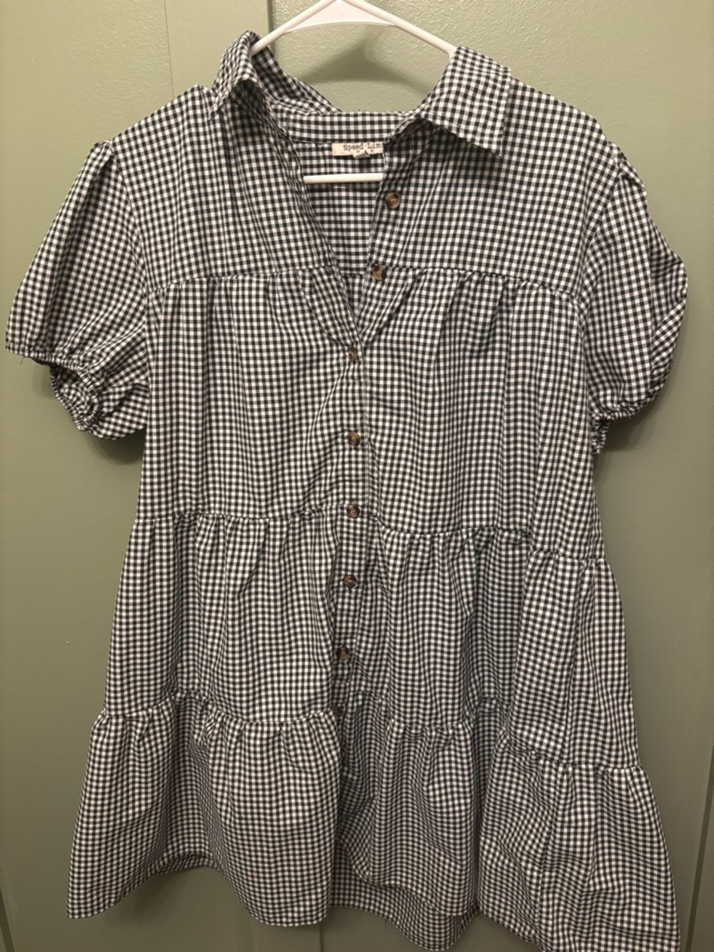 Button-Front Gingham Tiered Mini Dress - Black & White